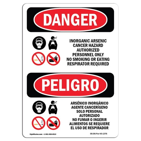 Signmission Safety Sign, OSHA, 24" Height, Rigid Plastic, Inorganic Arsenic Cancer Hazard Spanish OS-DS-P-1824-VS-1376